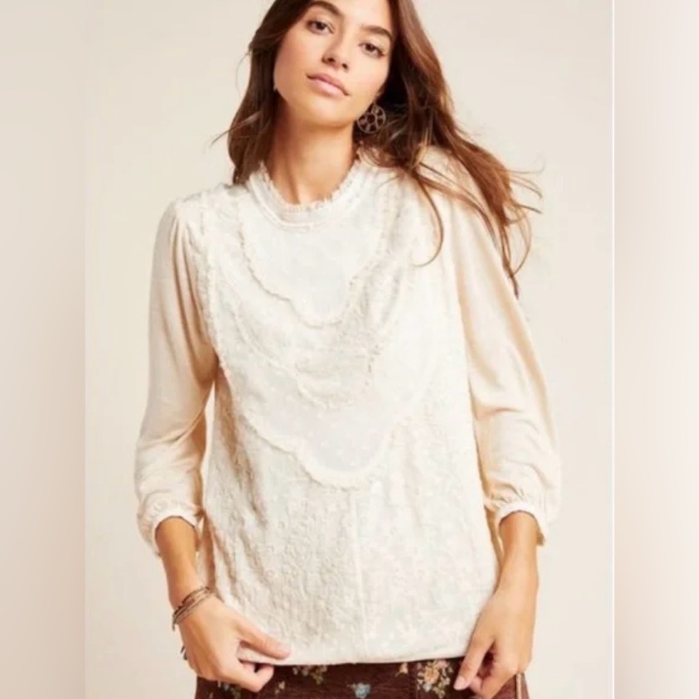 Anthropologie Lace Blouse Cream Boho Romantic Embroidered Top Small